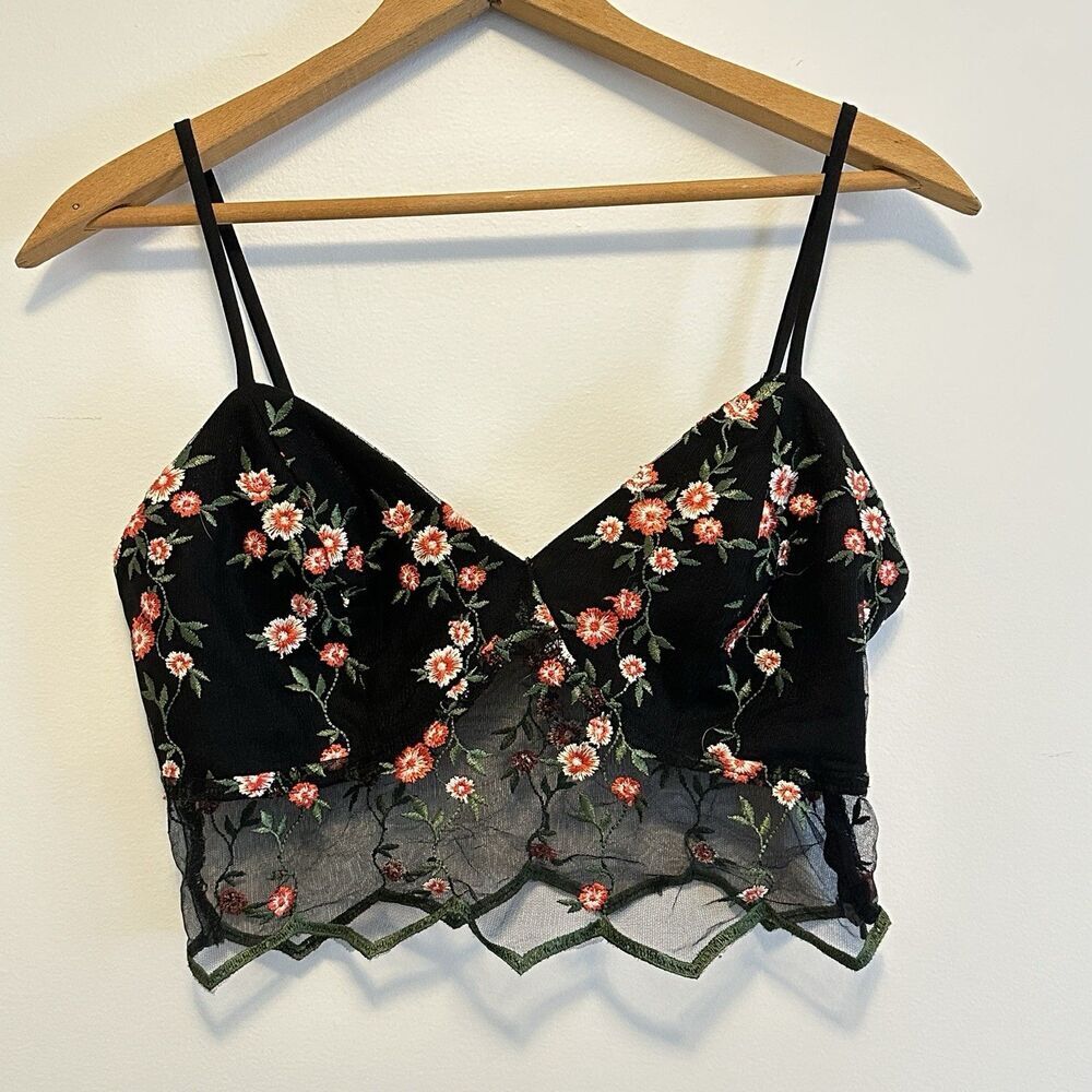 J.O.A. Just One Answer Black Red Floral Embroidered Crop Top Cami Bralette Sz S